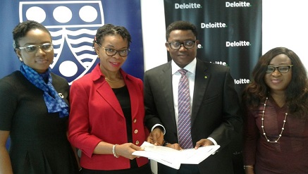 (L-r): Chiamaka Odunze, head, Corporate Communications; Dr. Enase Okonedo, the dean of LBS, both from Lagos Business School; Anthony Olukoju, West Africa Chief Operating Officer and Risk Advisory Leader, and Marie-Therese Phido, West Africa Clients & Industries Leader, both from Deloitte Nigeria, during C-Suite Executive Forum MoU signing between the two partners on Thursday.